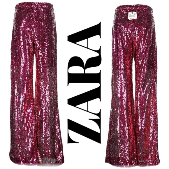 NWT ZARA LIMITED EDITION RED SEQUIN WIDE LEG PANTS, SIZE MEDIUM - Picture 2 of 13